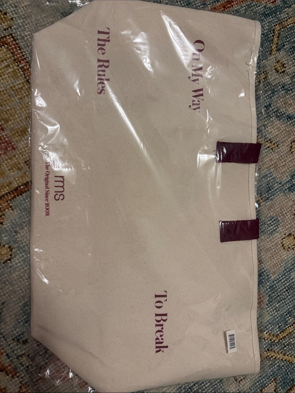 RMS Beauty Cream Canvas Tote with Burgundy Accents